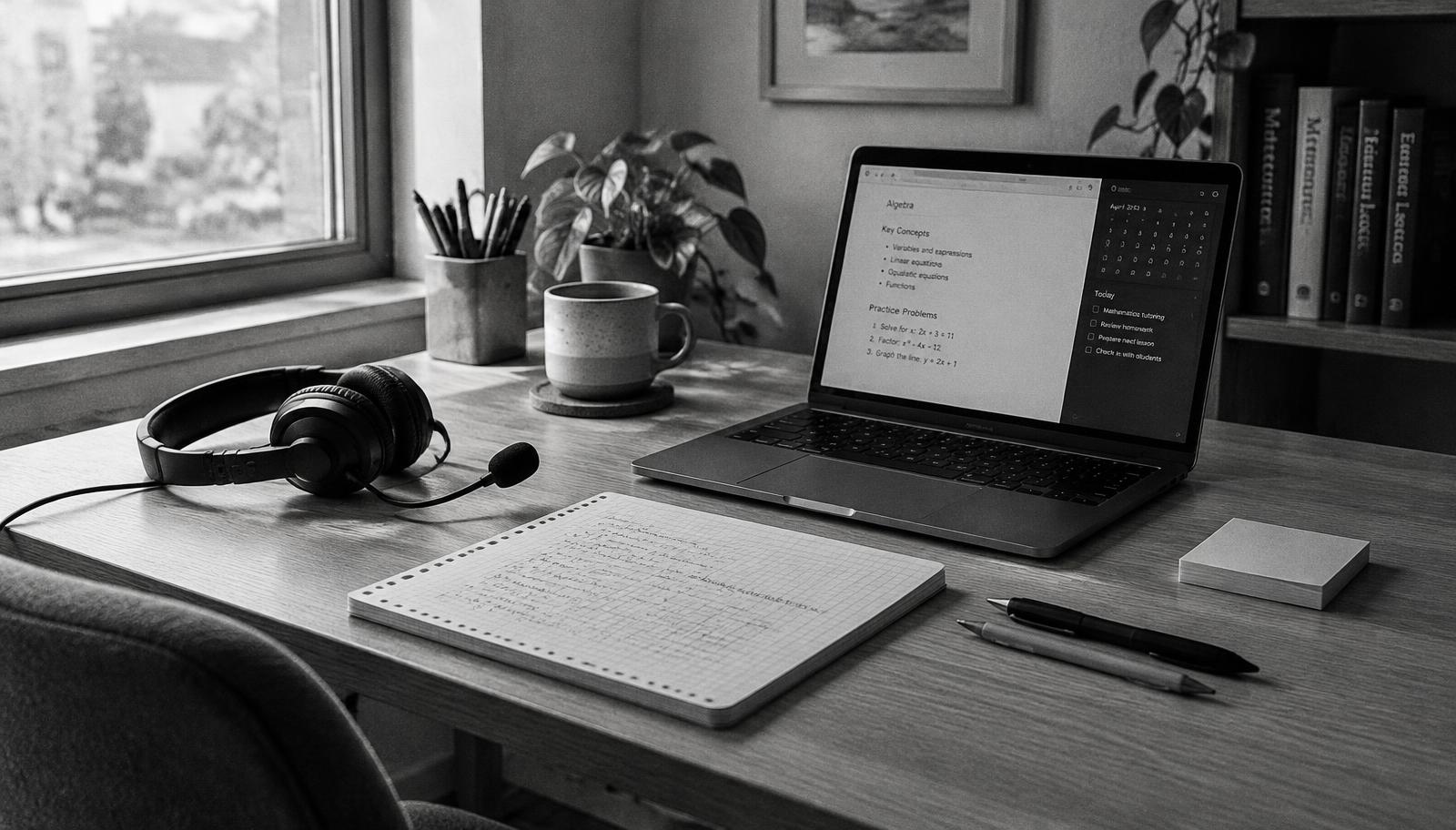 Tutor's desk with headset, graph paper, pens and a laptop by a window