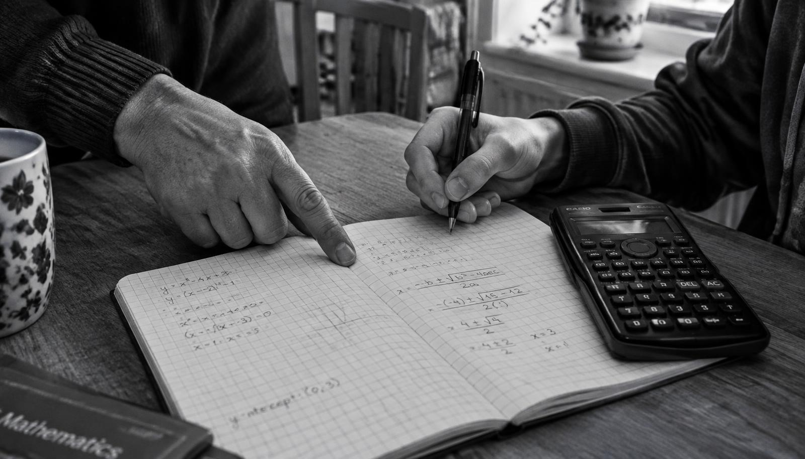Parent and student hands over a Maths notebook and calculator at a kitchen table